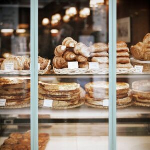 Fresh pastries and baked goods on display